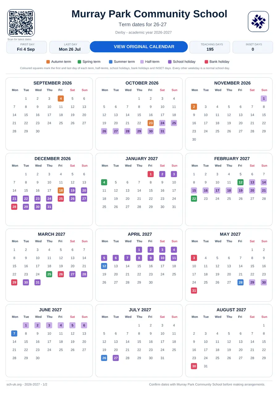 Murray Park Community School interactive calendar 2026–2027