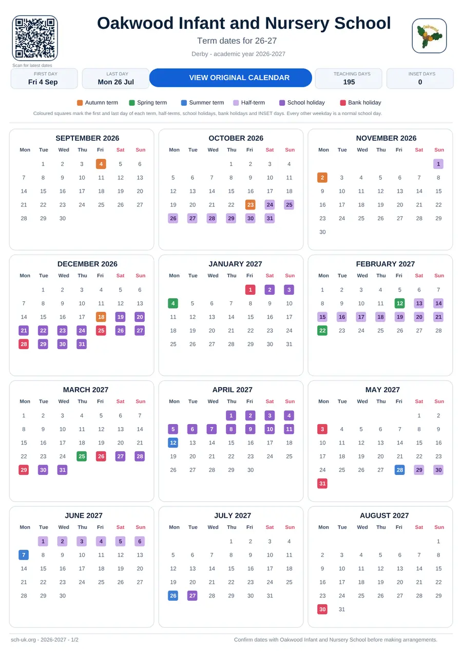 Oakwood Infant and Nursery School interactive calendar 2026–2027