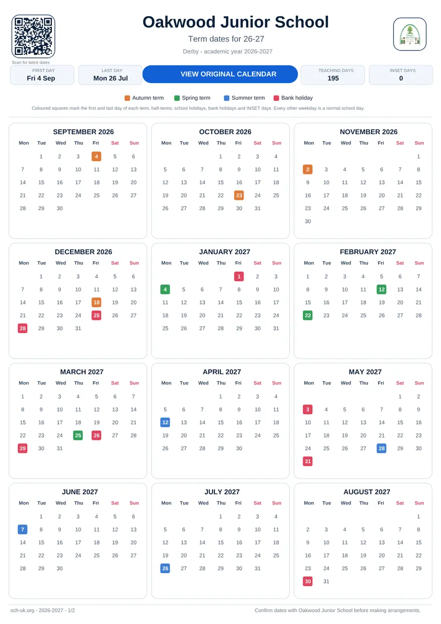 Oakwood Junior School interactive calendar 2026–2027