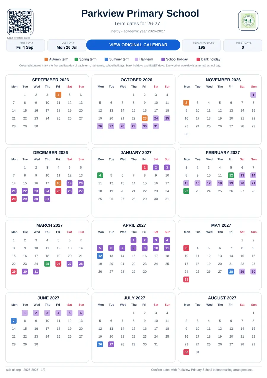Parkview Primary School interactive calendar 2026–2027
