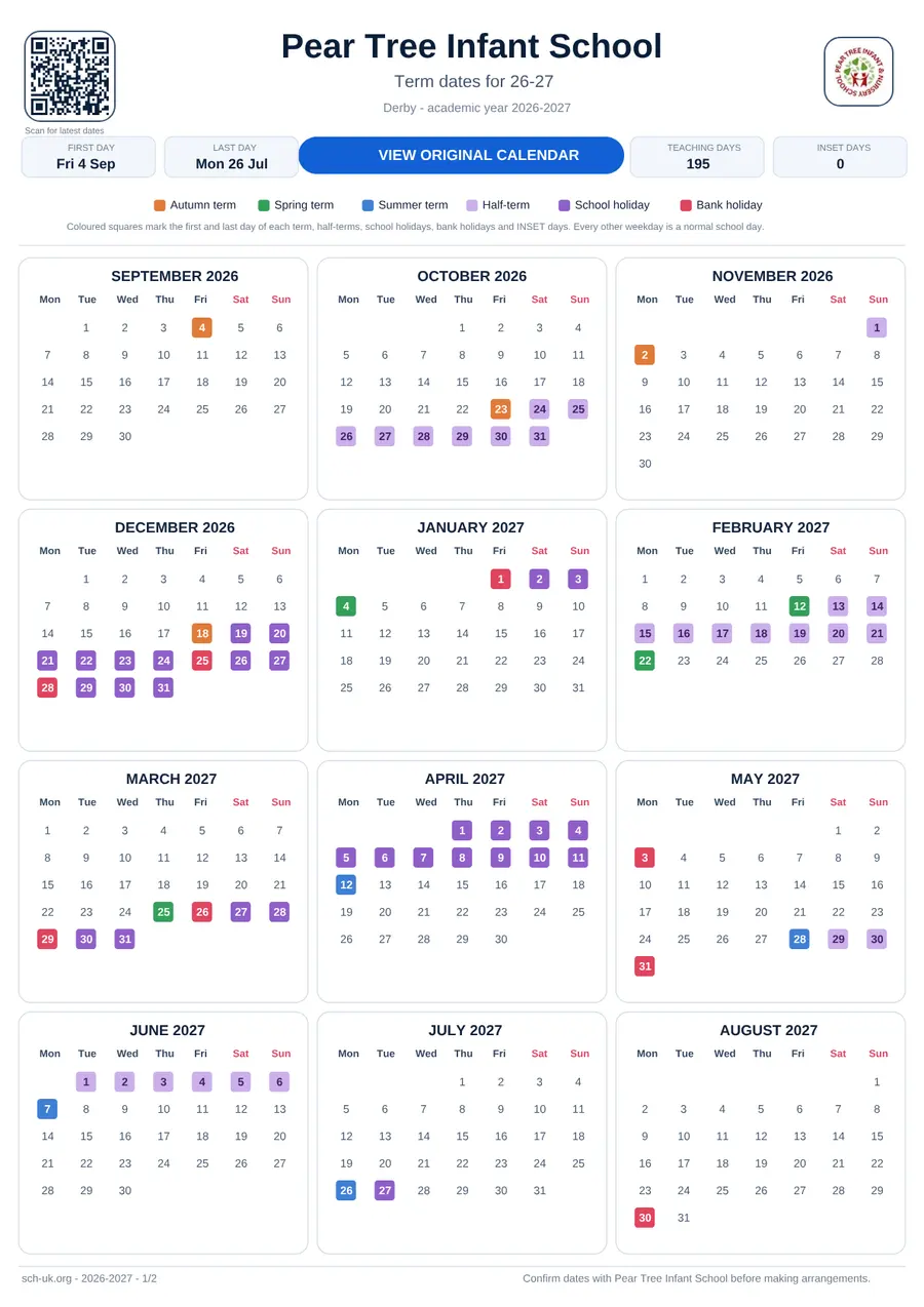 Pear Tree Infant School interactive calendar 2026–2027