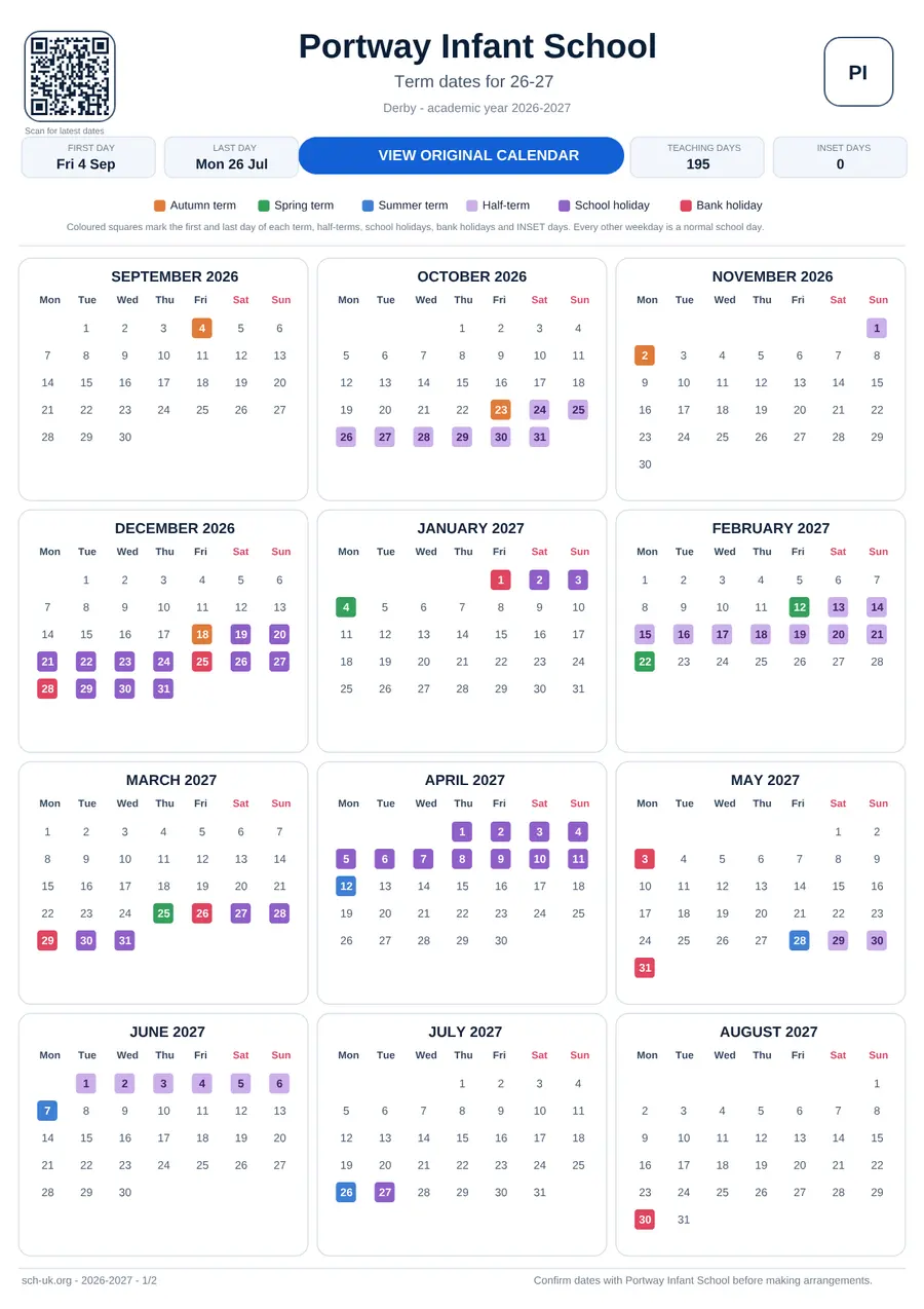 Portway Infant School interactive calendar 2026–2027