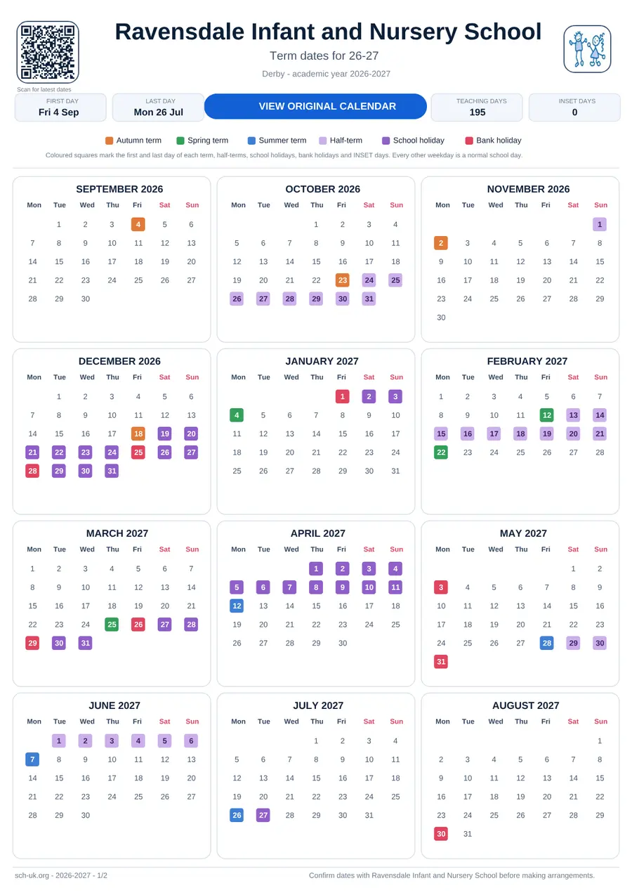 Ravensdale Infant and Nursery School interactive calendar 2026–2027