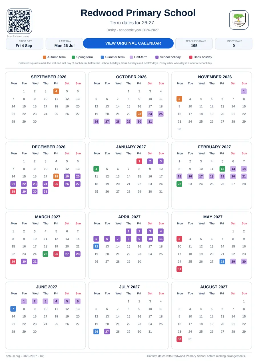 Redwood Primary School interactive calendar 2026–2027