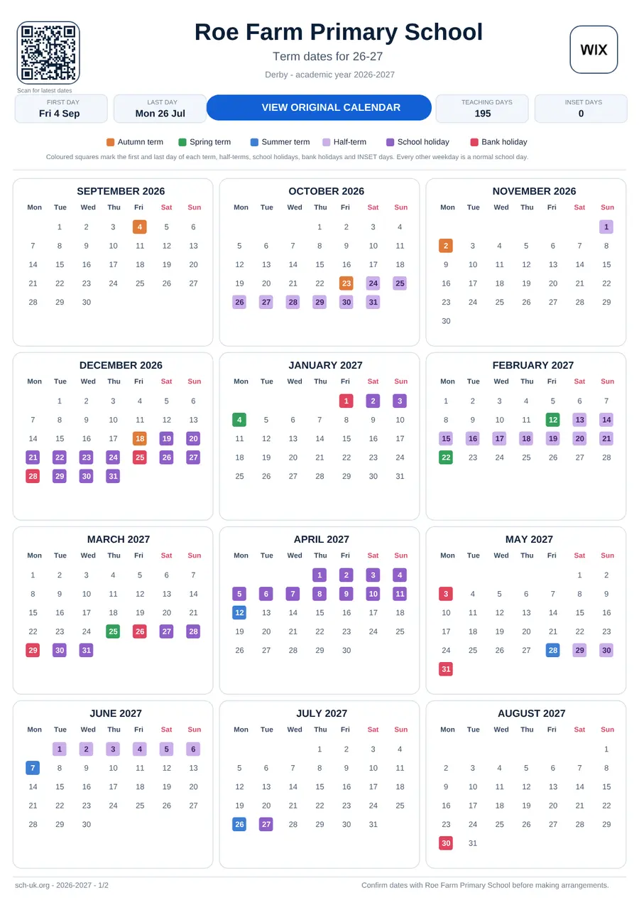 Roe Farm Primary School interactive calendar 2026–2027