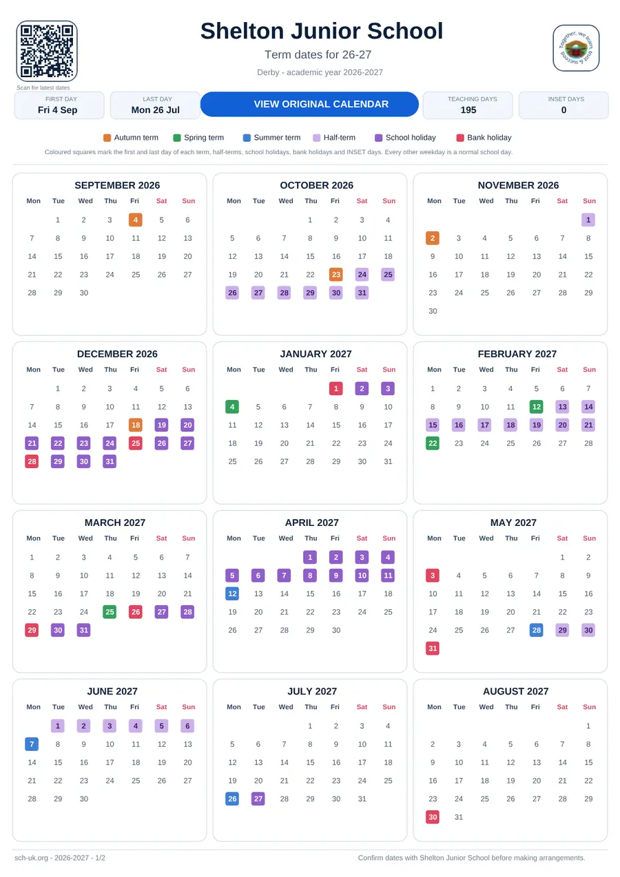 Shelton Junior School interactive calendar 2026–2027