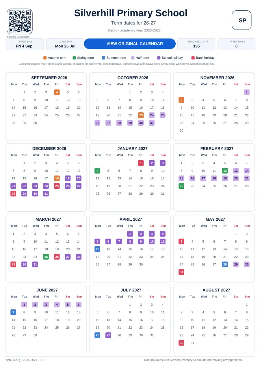 Silverhill Primary School interactive calendar 2026–2027