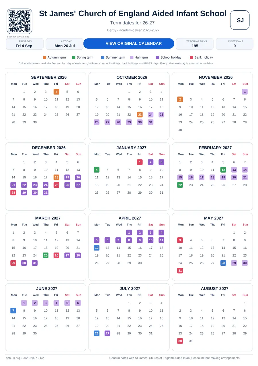St James' Church of England Aided Infant School interactive calendar 2026–2027