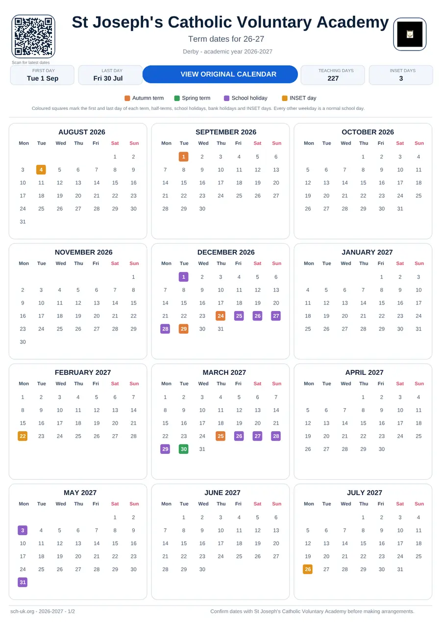 St Joseph's Catholic Voluntary Academy interactive calendar 2026–2027