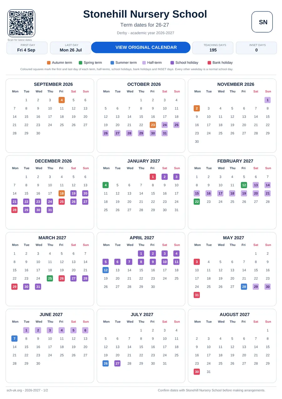 Stonehill Nursery School interactive calendar 2026–2027