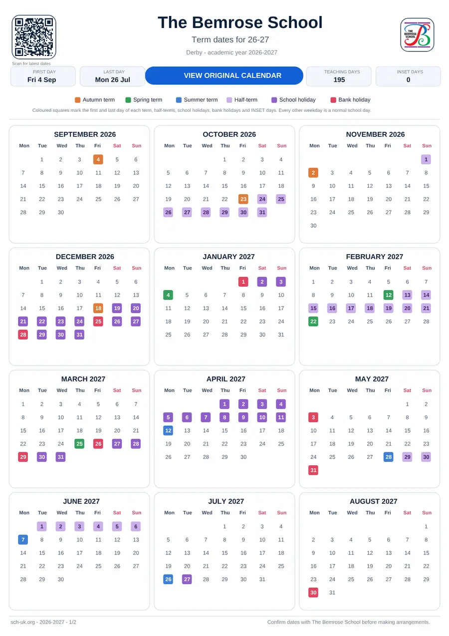 The Bemrose School interactive calendar 2026–2027