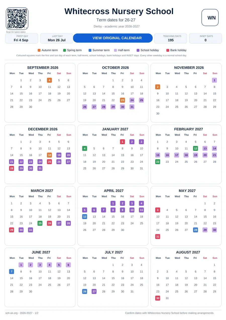 Whitecross Nursery School interactive calendar 2026–2027