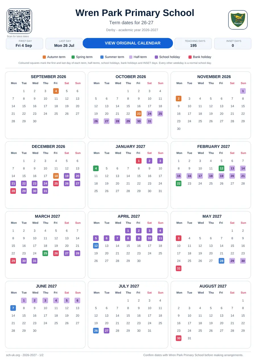 Wren Park Primary School interactive calendar 2026–2027
