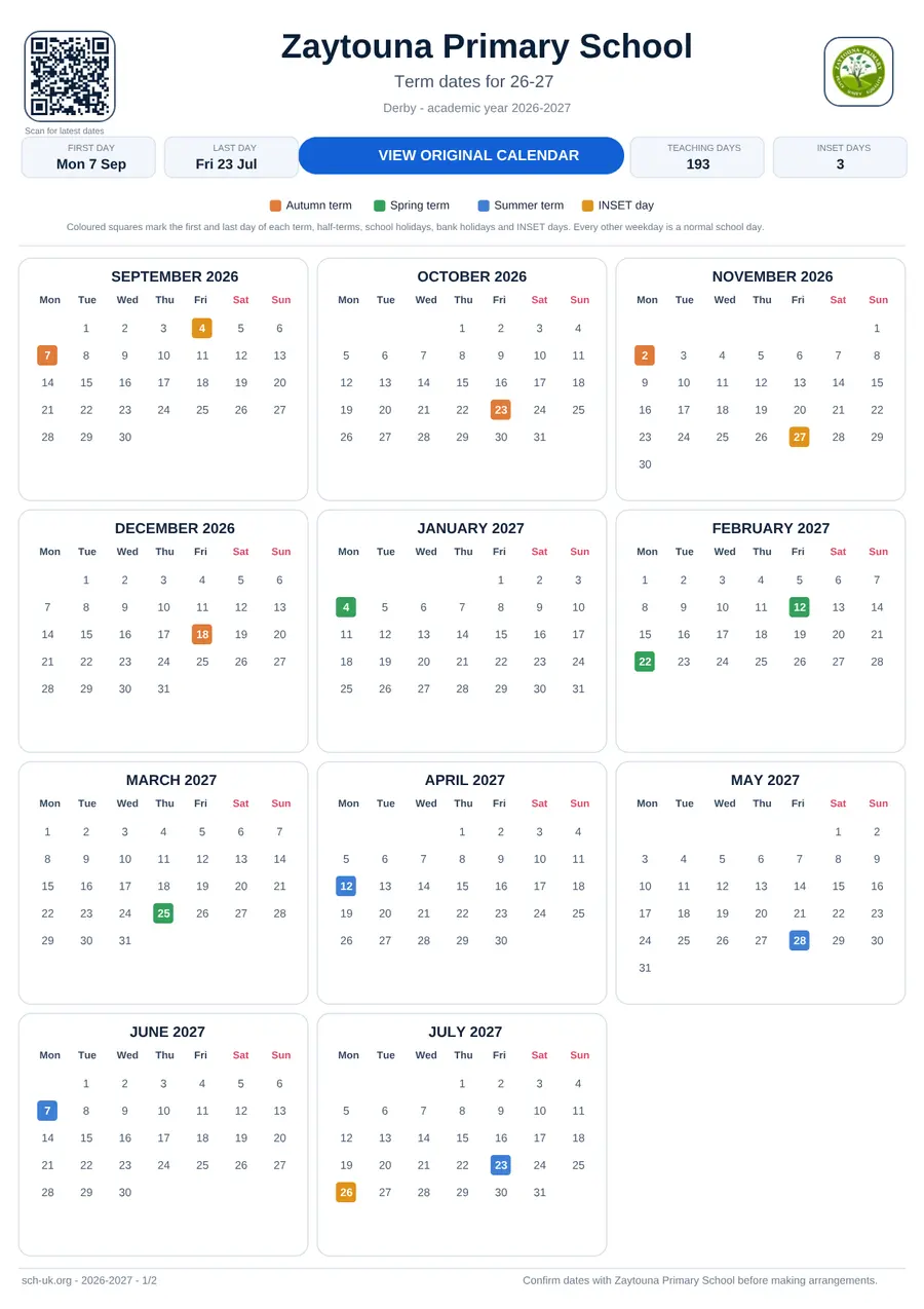 Zaytouna Primary School interactive calendar 2026–2027