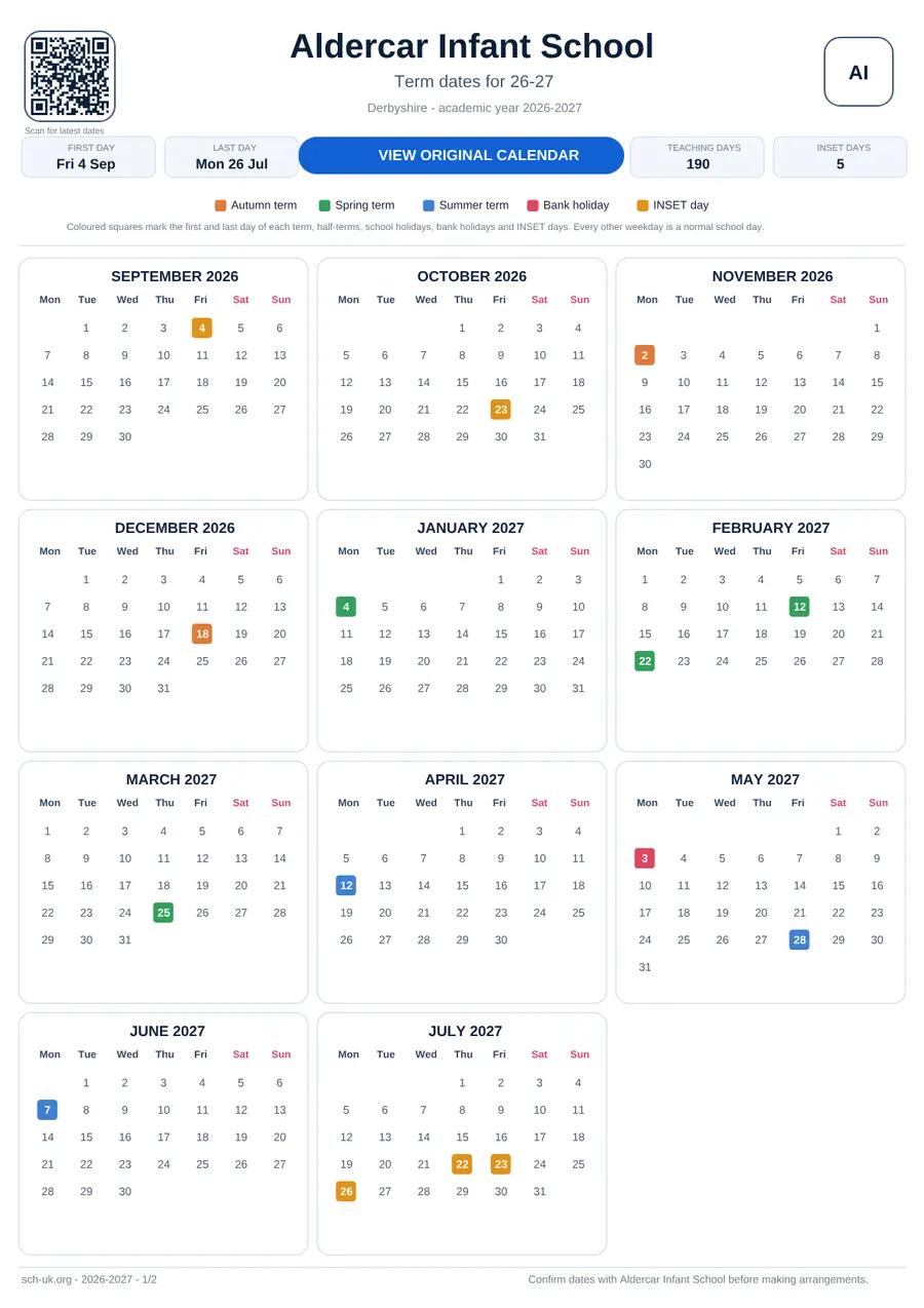 Aldercar Infant School interactive calendar 2026–2027