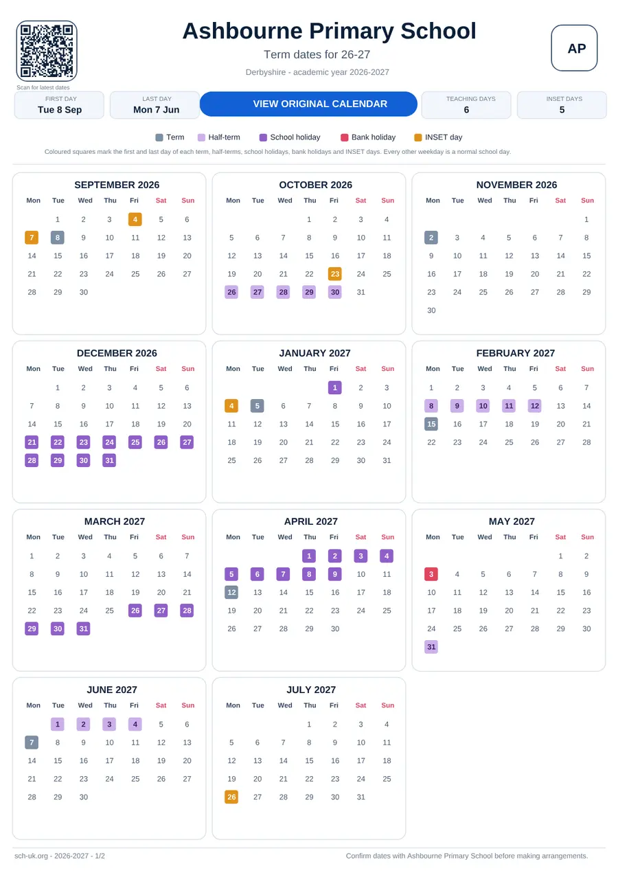 Ashbourne Primary School interactive calendar 2026–2027