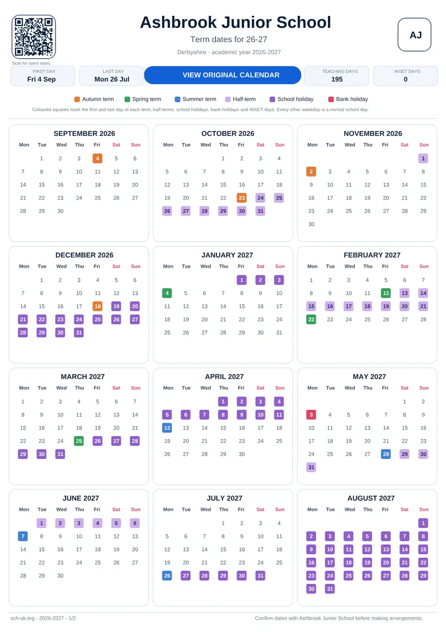 Ashbrook Junior School interactive calendar 2026–2027