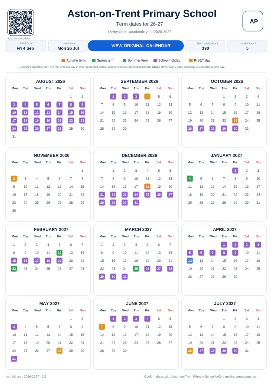 Aston-on-Trent Primary School interactive calendar 2026–2027