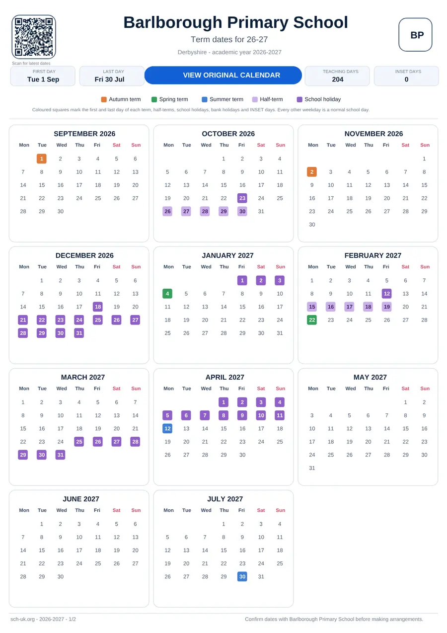 Barlborough Primary School interactive calendar 2026–2027