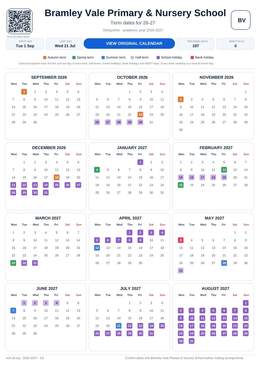 Bramley Vale Primary & Nursery School interactive calendar 2026–2027