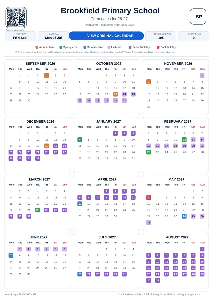Brookfield Primary School interactive calendar 2026–2027
