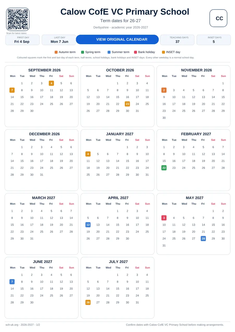 Calow CofE VC Primary School interactive calendar 2026–2027