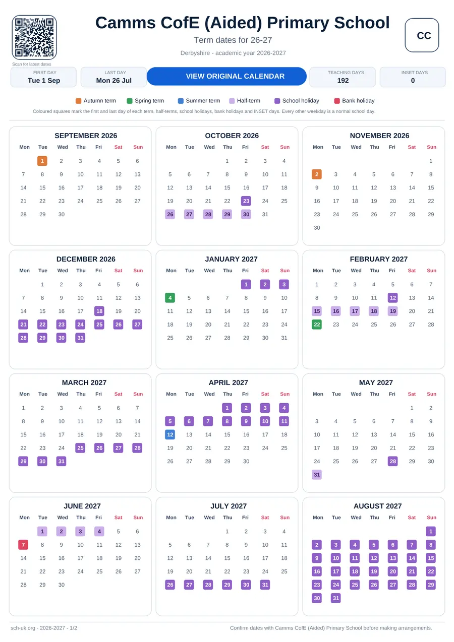 Camms CofE (Aided) Primary School interactive calendar 2026–2027