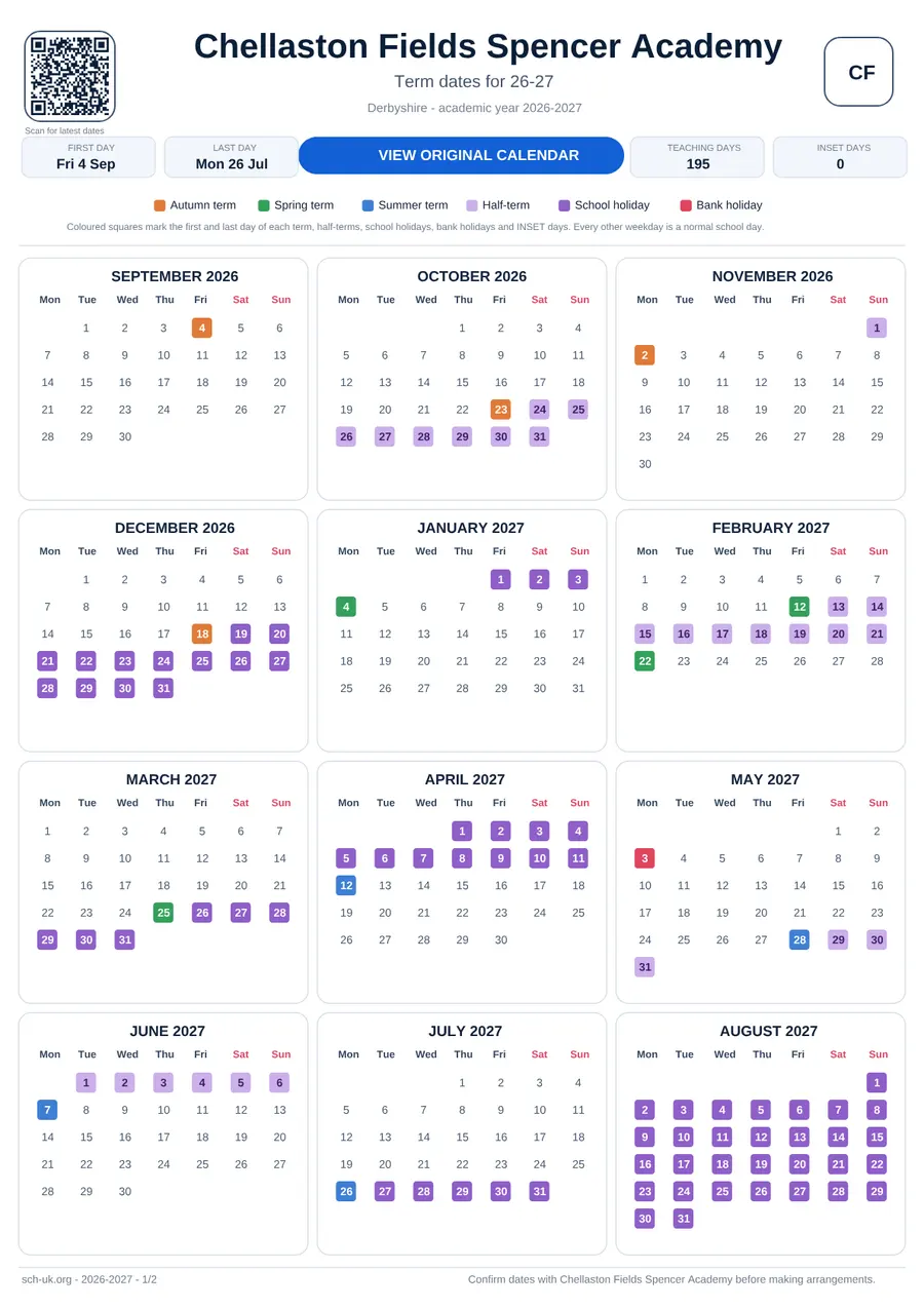 Chellaston Fields Spencer Academy interactive calendar 2026–2027