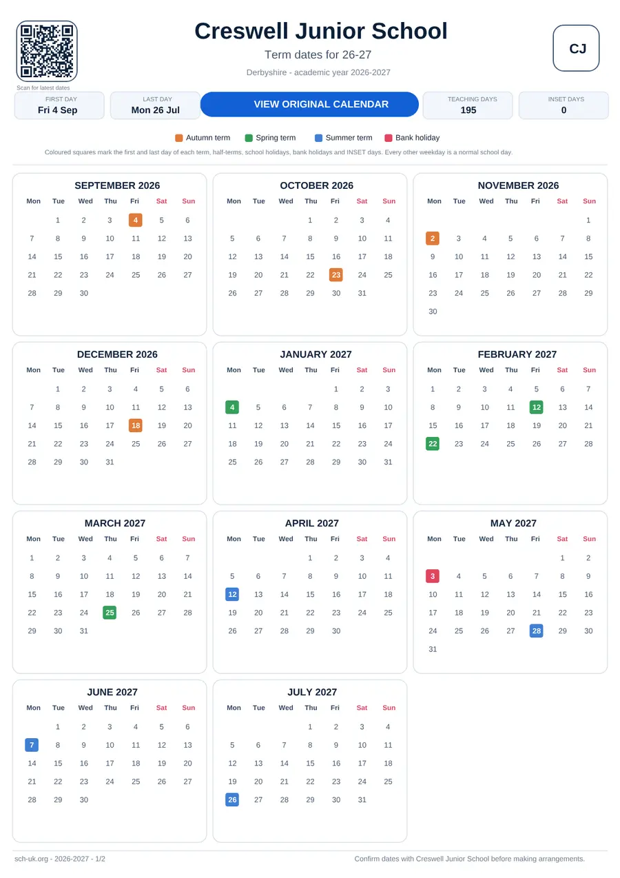 Creswell Junior School interactive calendar 2026–2027