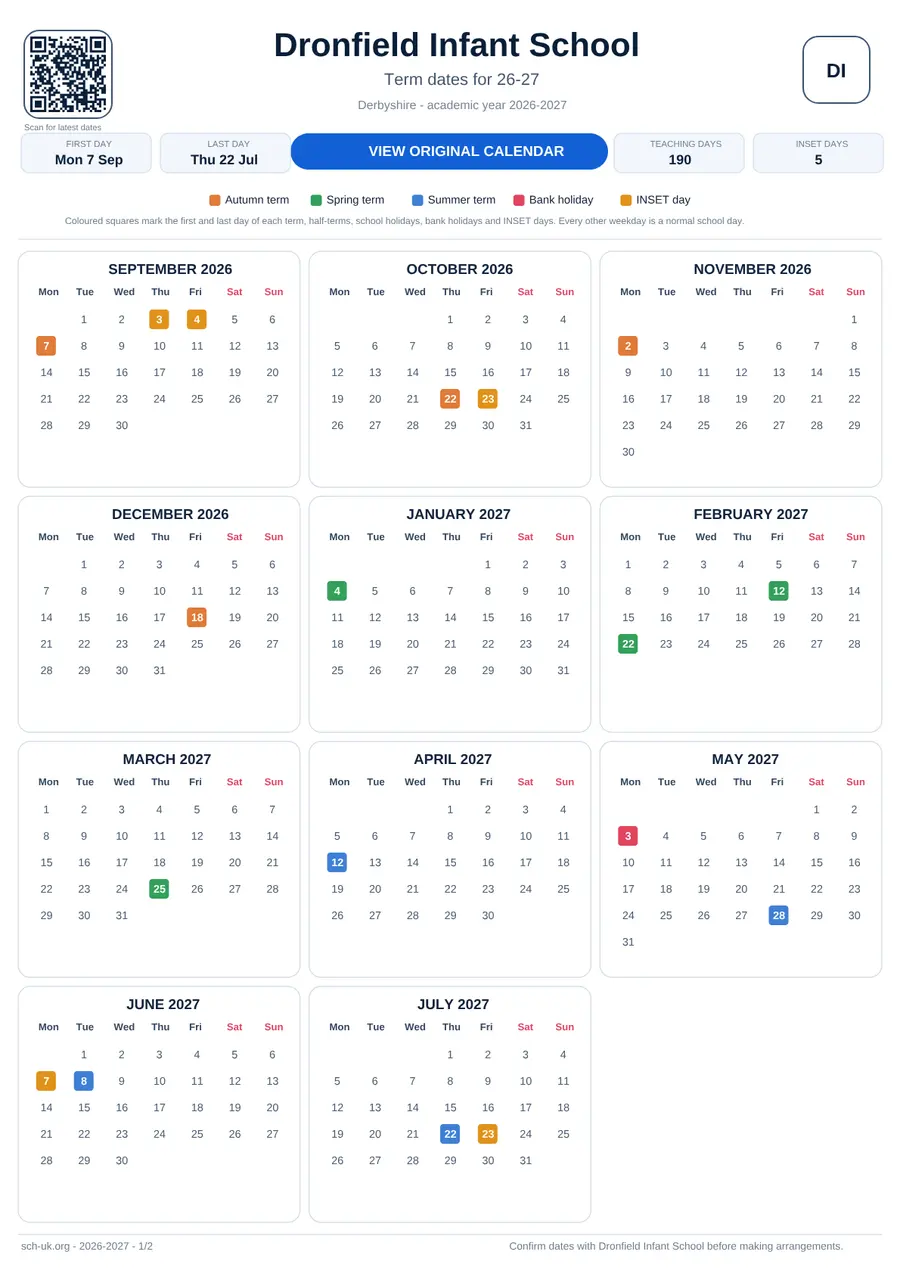Dronfield Infant School interactive calendar 2026–2027