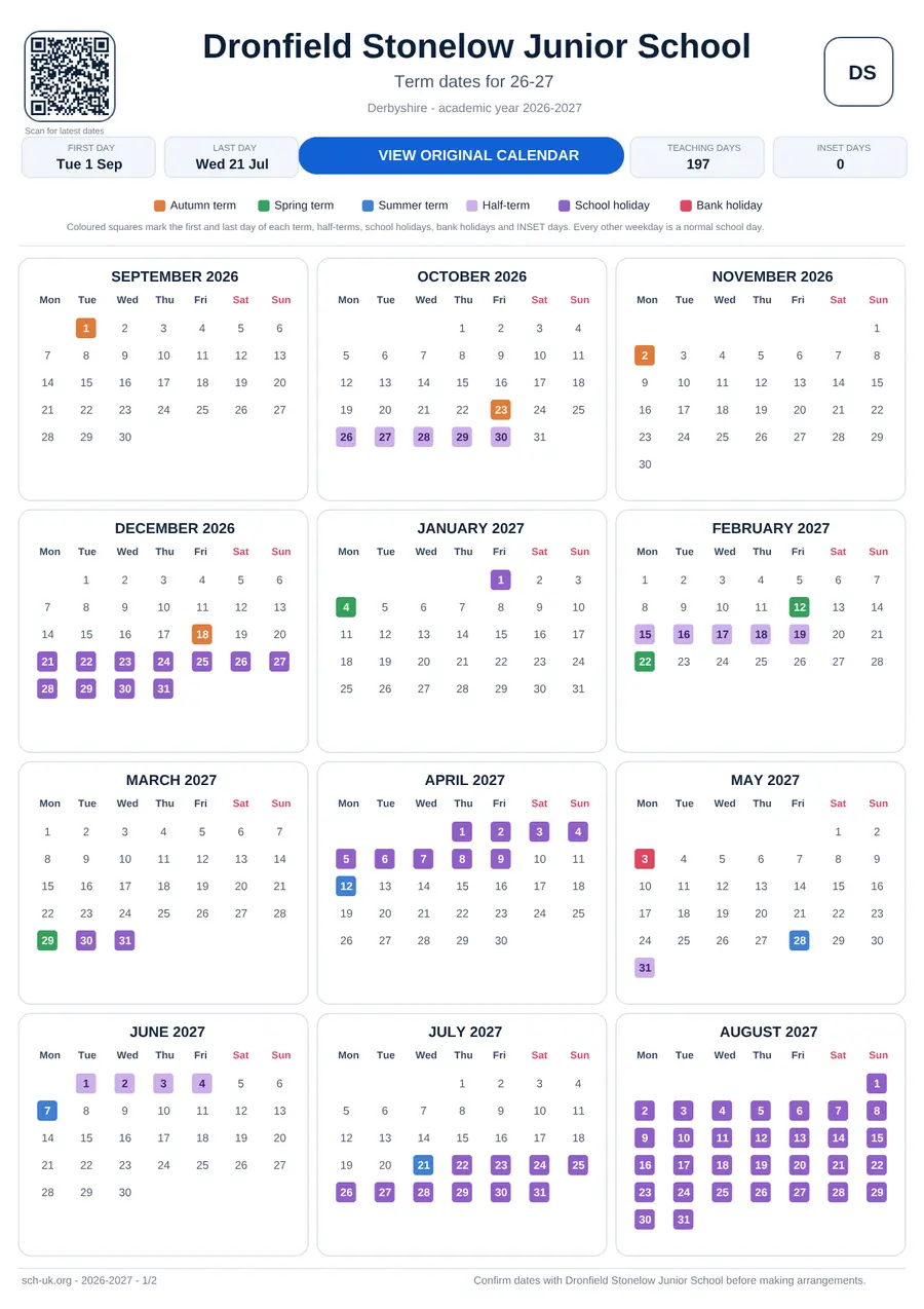Dronfield Stonelow Junior School interactive calendar 2026–2027