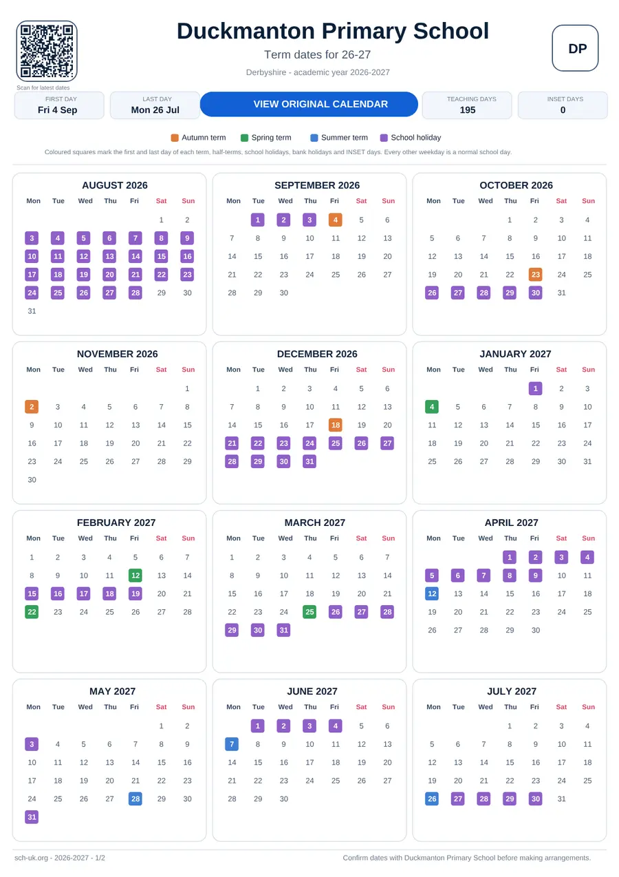 Duckmanton Primary School interactive calendar 2026–2027