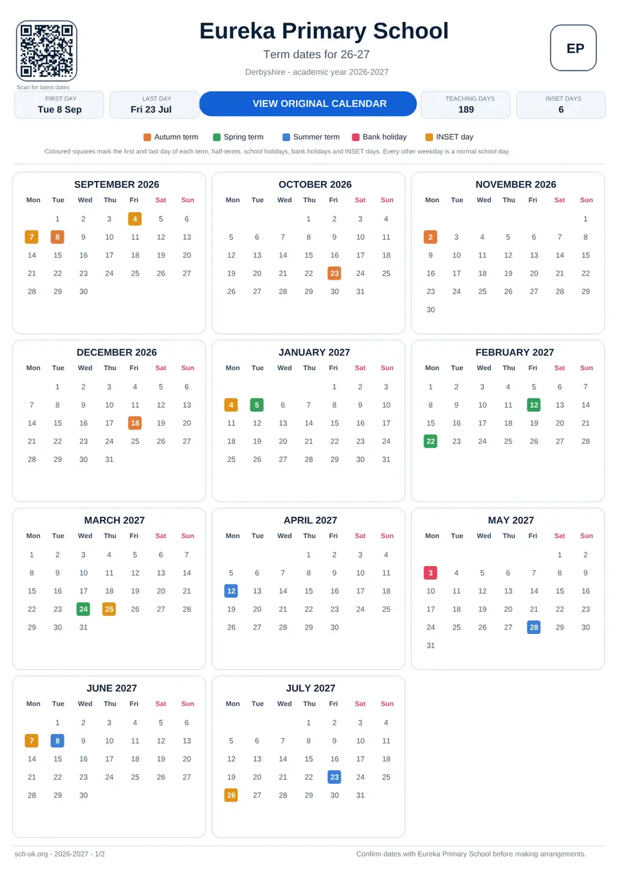 Eureka Primary School interactive calendar 2026–2027
