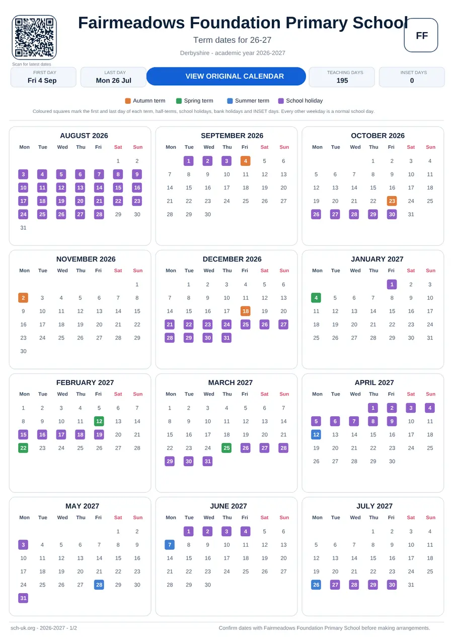 Fairmeadows Foundation Primary School interactive calendar 2026–2027