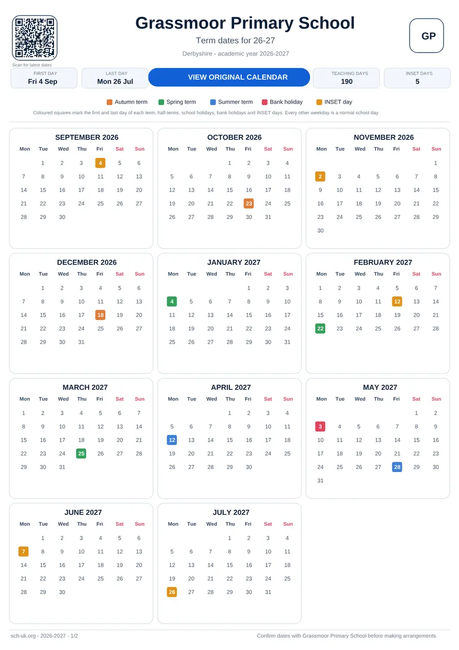Grassmoor Primary School interactive calendar 2026–2027
