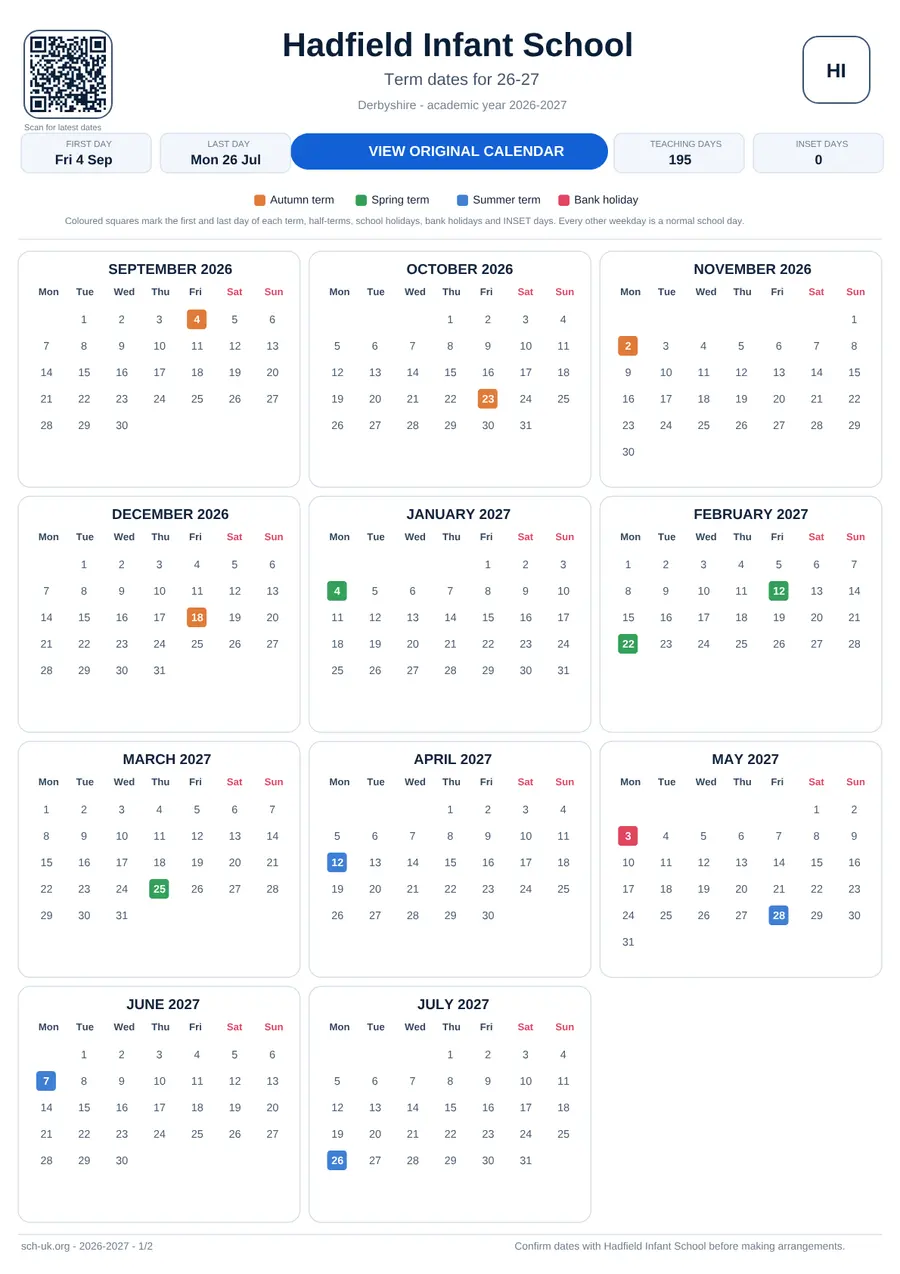 Hadfield Infant School interactive calendar 2026–2027