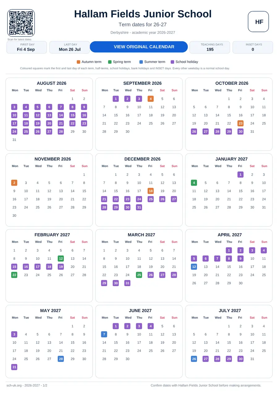 Hallam Fields Junior School interactive calendar 2026–2027