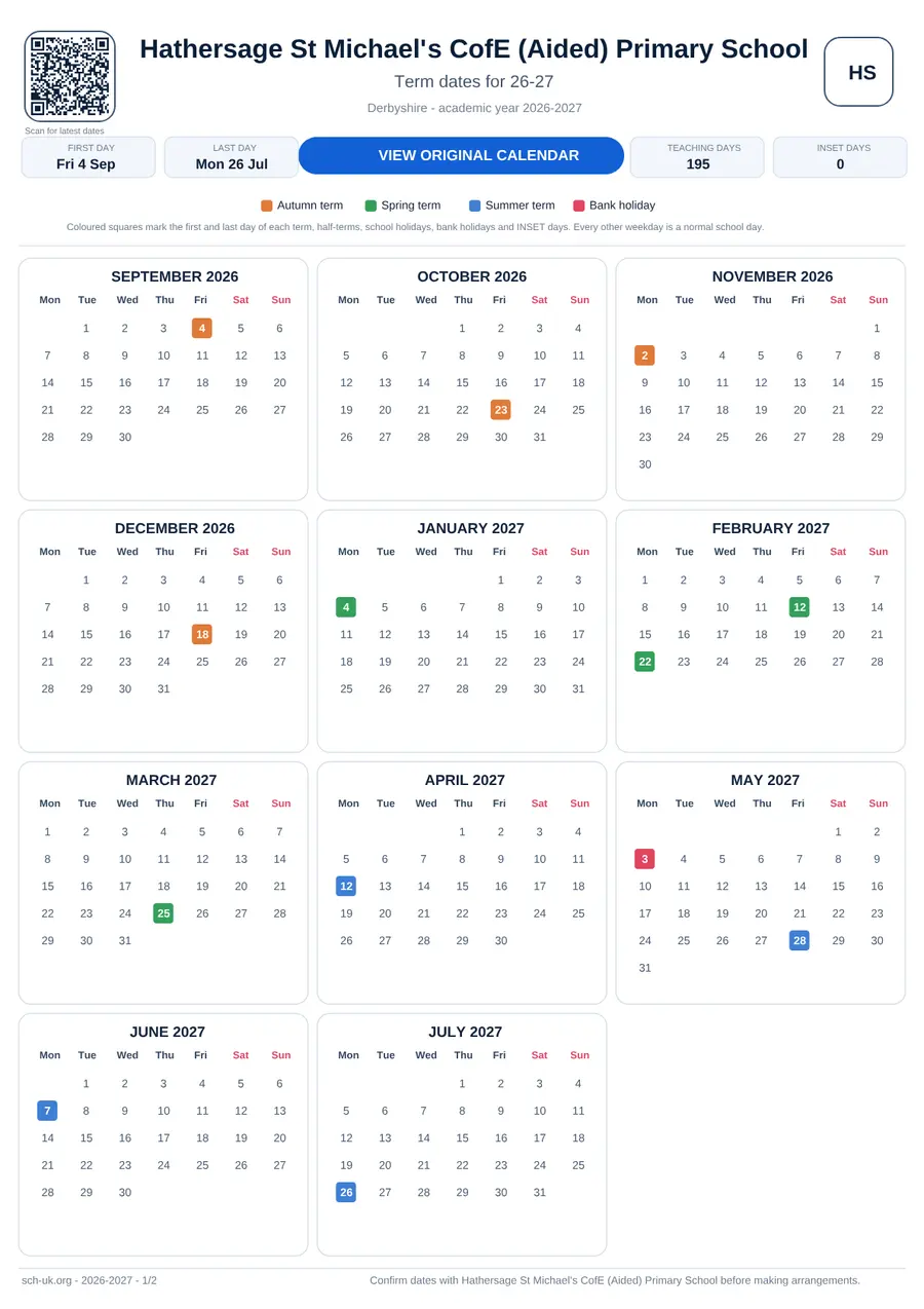Hathersage St Michael's CofE (Aided) Primary School interactive calendar 2026–2027