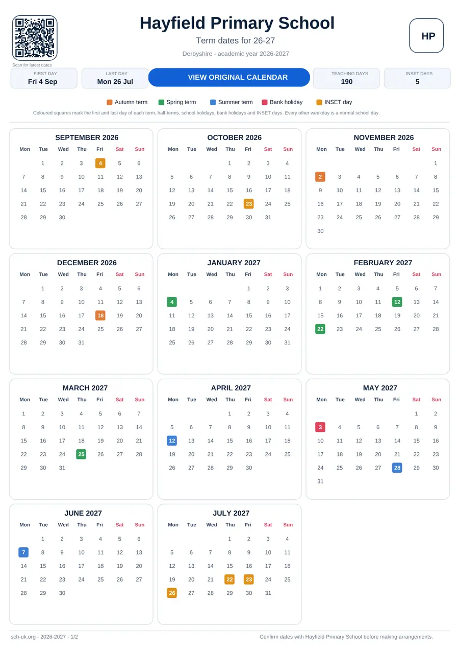 Hayfield Primary School interactive calendar 2026–2027