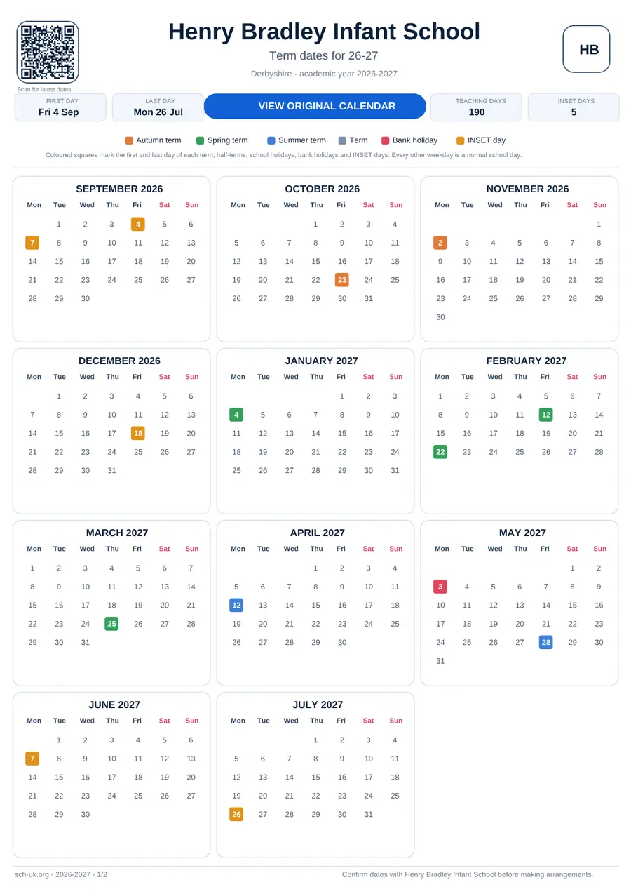 Henry Bradley Infant School interactive calendar 2026–2027