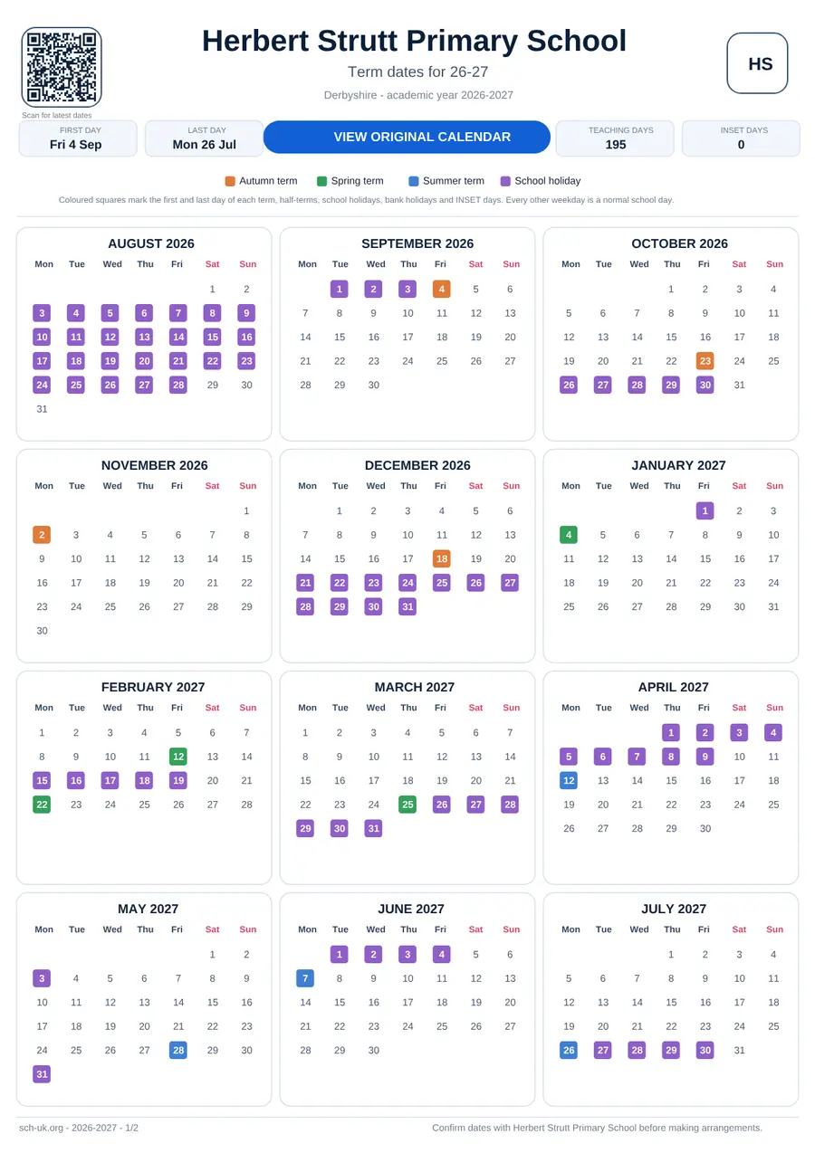 Herbert Strutt Primary School interactive calendar 2026–2027