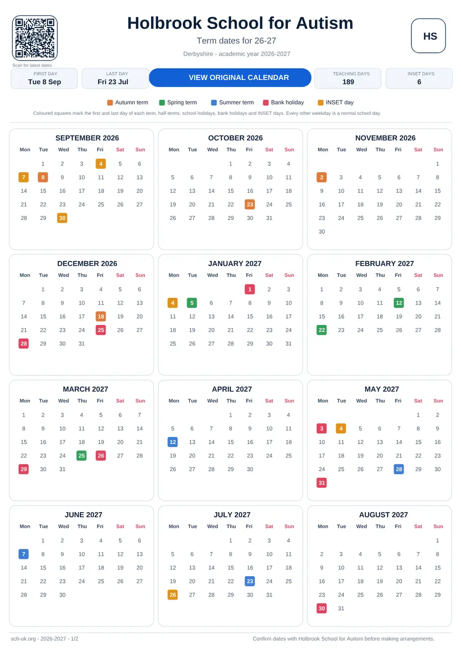 Holbrook School for Autism interactive calendar 2026–2027