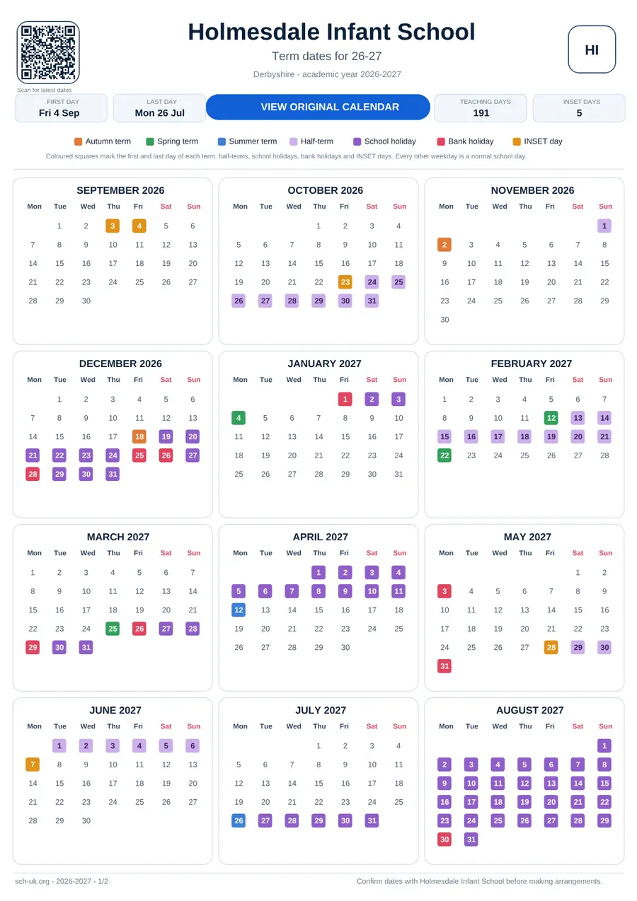 Holmesdale Infant School interactive calendar 2026–2027