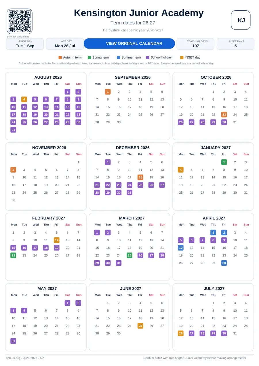 Kensington Junior Academy interactive calendar 2026–2027