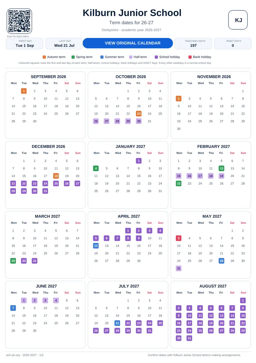 Kilburn Junior School interactive calendar 2026–2027