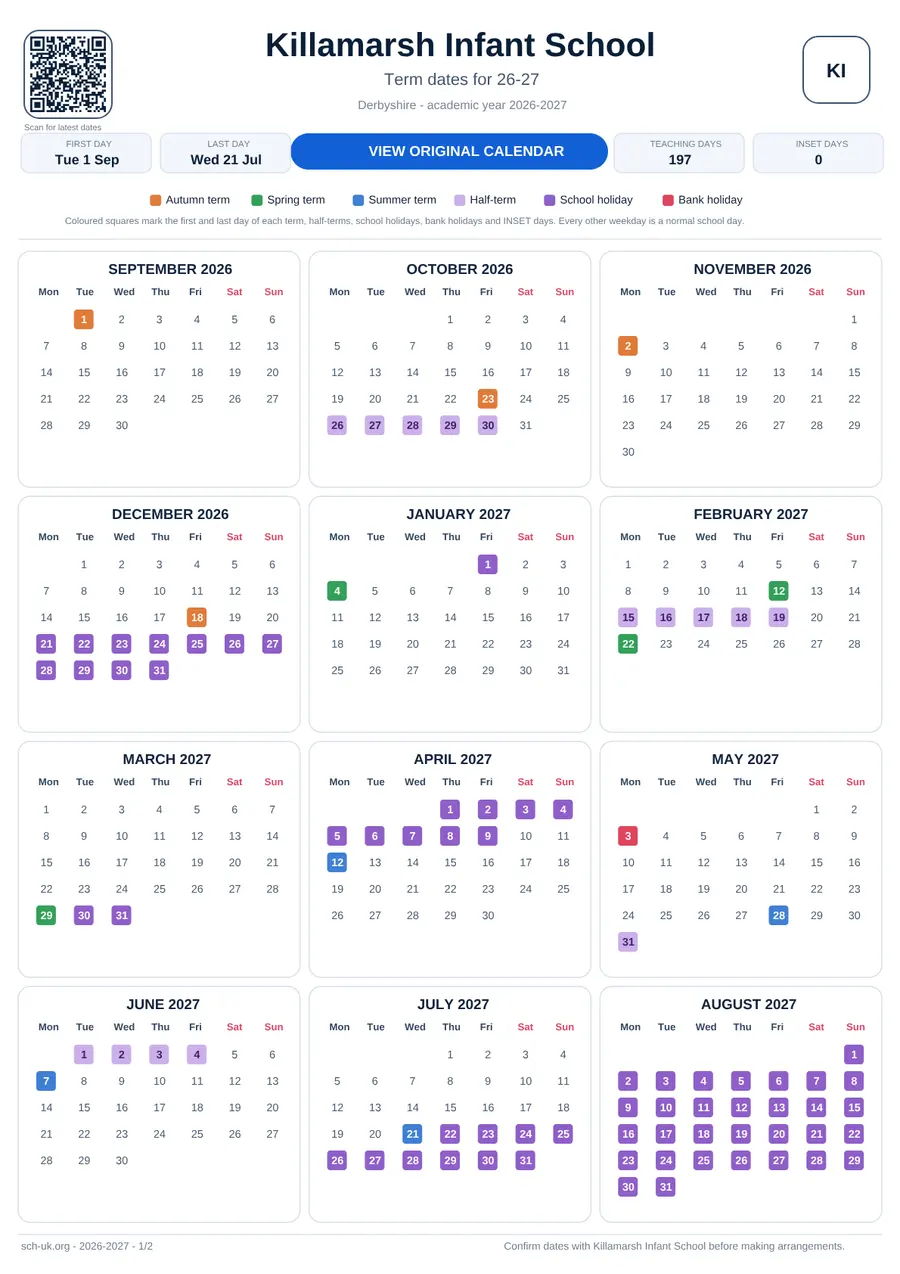 Killamarsh Infant School interactive calendar 2026–2027