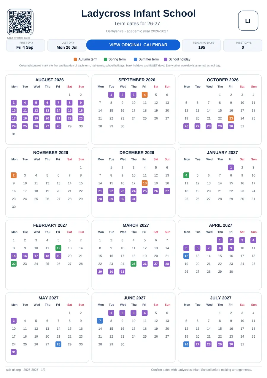Ladycross Infant School interactive calendar 2026–2027