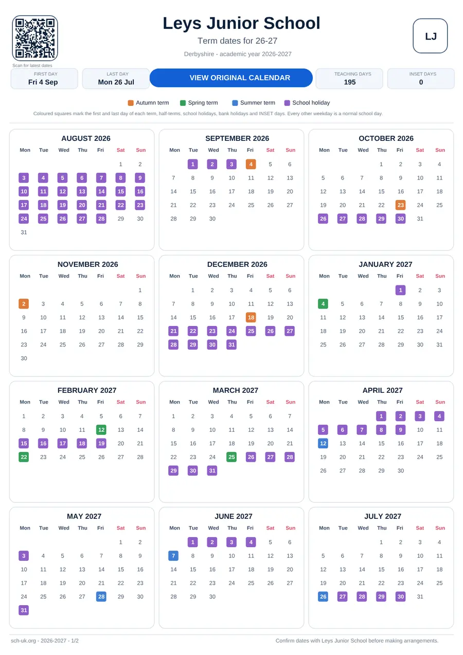 Leys Junior School interactive calendar 2026–2027