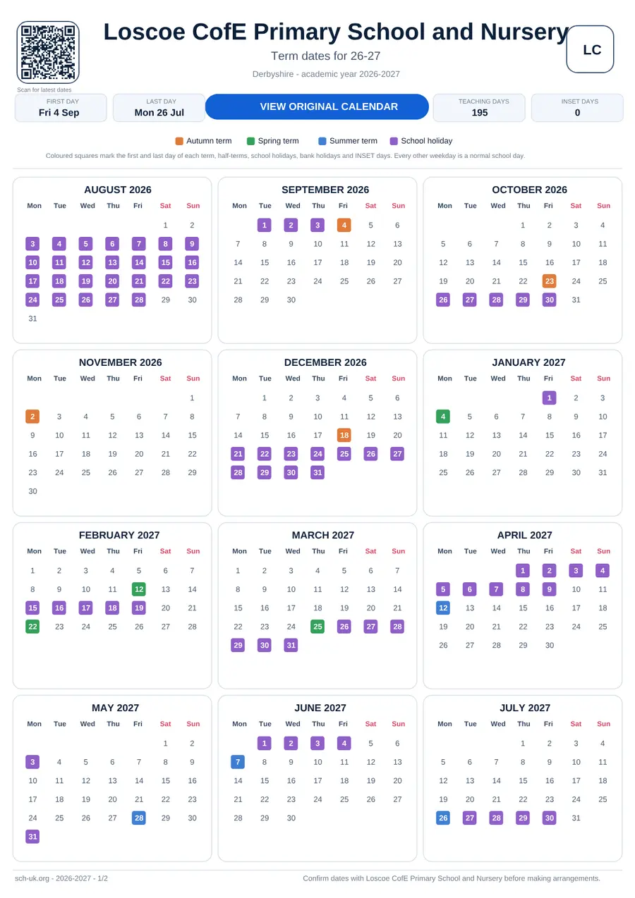 Loscoe CofE Primary School and Nursery interactive calendar 2026–2027