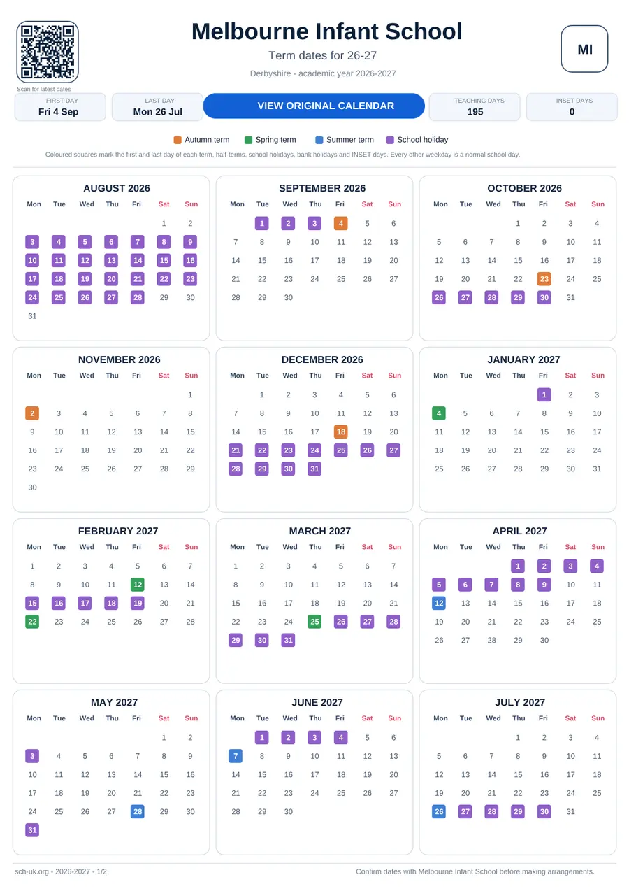 Melbourne Infant School interactive calendar 2026–2027
